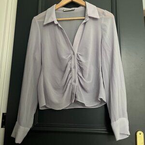 2Bella lilac, v neck button down blouse with gathered material, size L